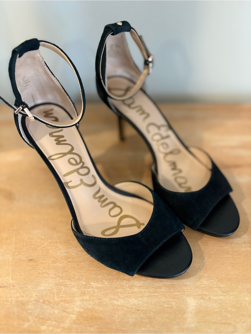Sam Edelman Black Suede Ankle-Strap Stiletto Heels